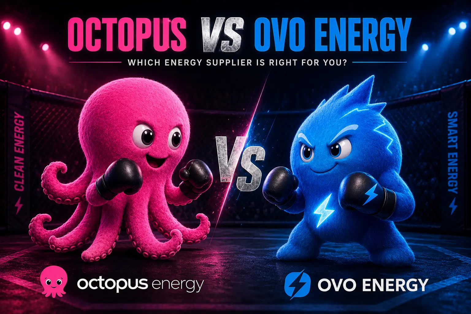 Octopus vs OVO Energy comparison showing clean energy, tariffs, prices and customer service.